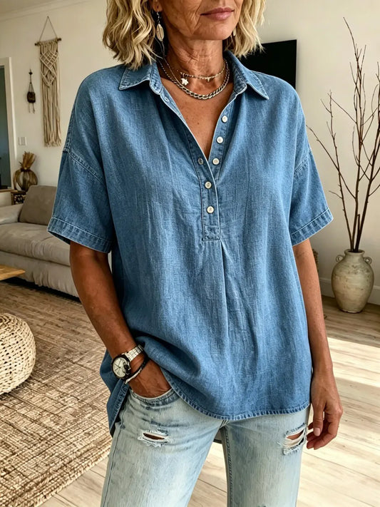 Women's Short-sleeve Henley Shirt With Lapel Collar