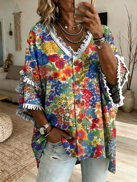 Women's Vintage Colorful Floral Art Print V-Neck Frayed Cardigan Top