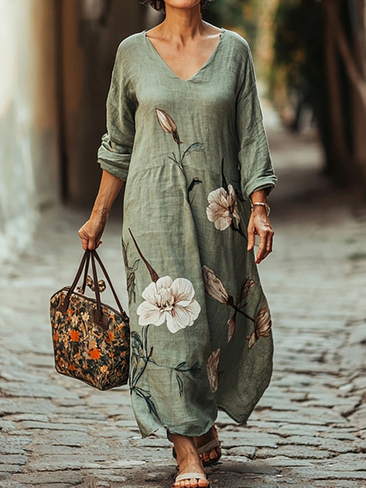 Women's Floral Art Patterns Print Pocket Cotton Dress