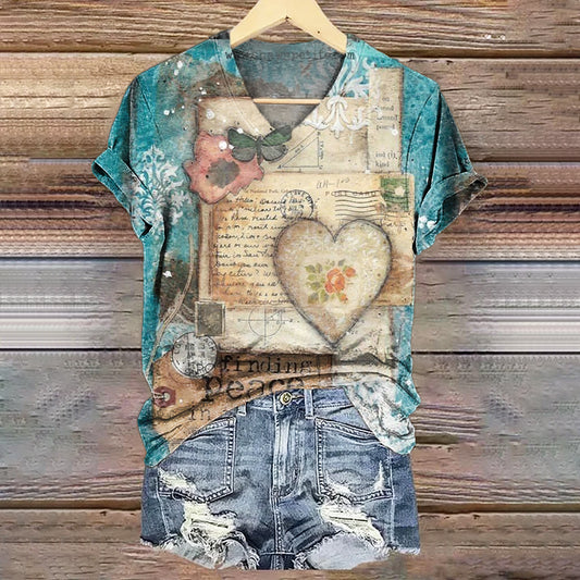 Women's Peace Loving Heart Art Print V-Neck Casual T-Shirt