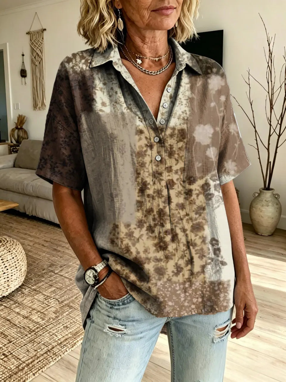 Women's Bohemian Patchwork Floral Art Print Short-Sleeve Henley Shirt with Turn-Down Collar