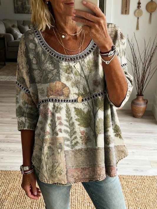 Ethnicity Bohemia Patchwork Flowers Women's Vintage Art Print Casual Round Neck Cutout Top