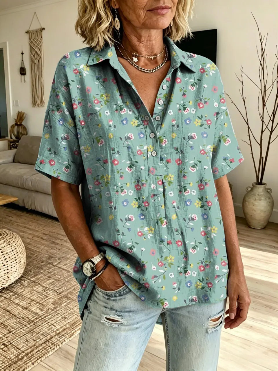 Women's Retro Floral Art Print Short-Sleeve Henley Shirt with Lapel Collar