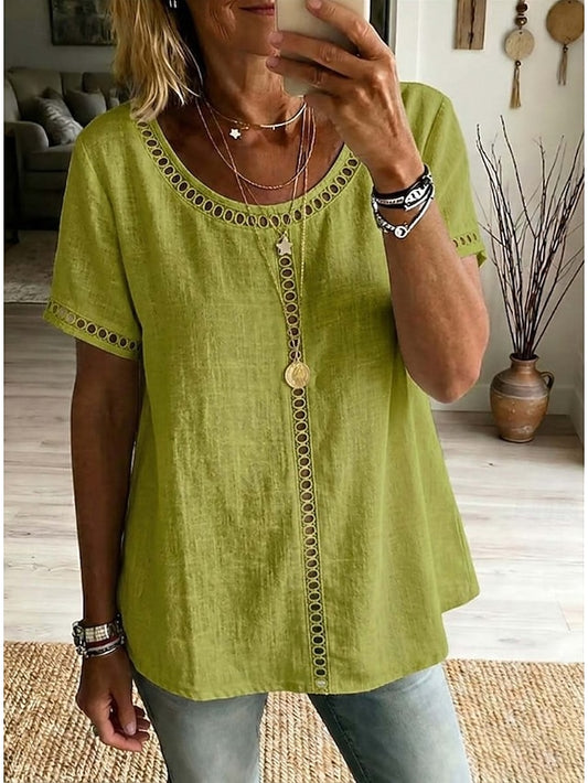 Women's Shirt Solid Color Plain Vacation Daily Basic Short Sleeve Long Tops Daily Outdoor Holiday Blue Grass Green Black Yellow Beige Summer Spring