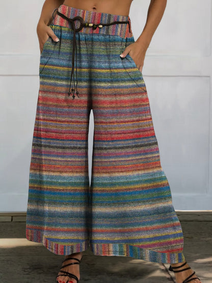 Hippie Style Colorful Strip Pattern Printed Women's Cotton And Linen Casual Wide-leg Pants