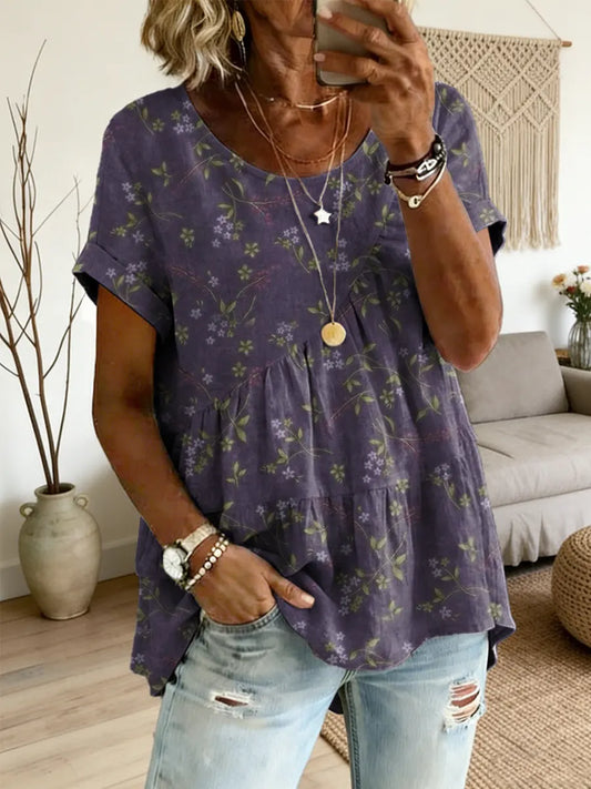 Ethnicity Purple Flowers Women's Art Print Round Neck Loose Short-sleeved Shirt – Side Tether