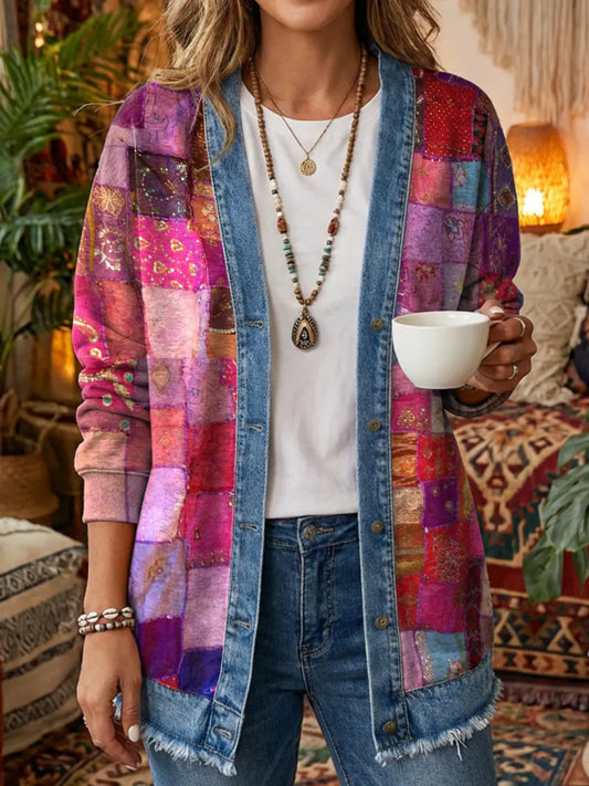 Women's Patchwork Pattern Art Print Casual Long-Sleeve Shirt Jacket