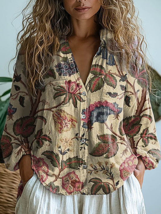 Women's Retro Floral Print Casual Long Sleeve Comfortable Cotton Shirt