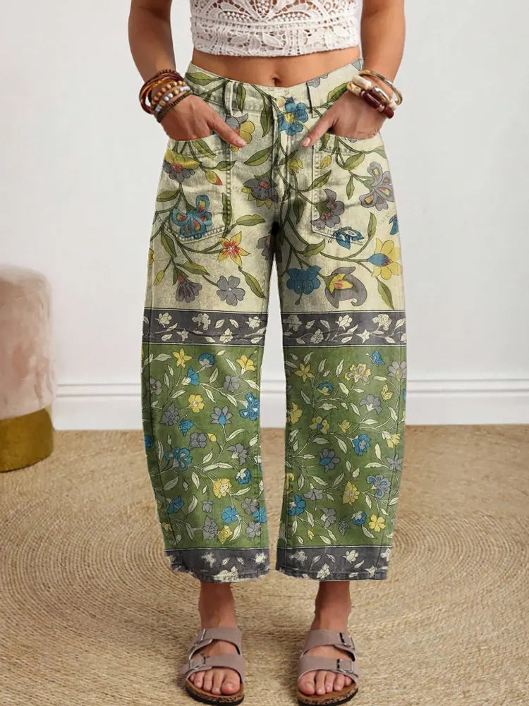 Women's Vintage Floral Pattern Art Print Jeans