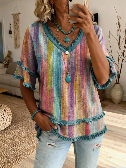 Women's Bohemian-Style Oil Painting Pattern Art Print Casual V-Neck T-Shirt