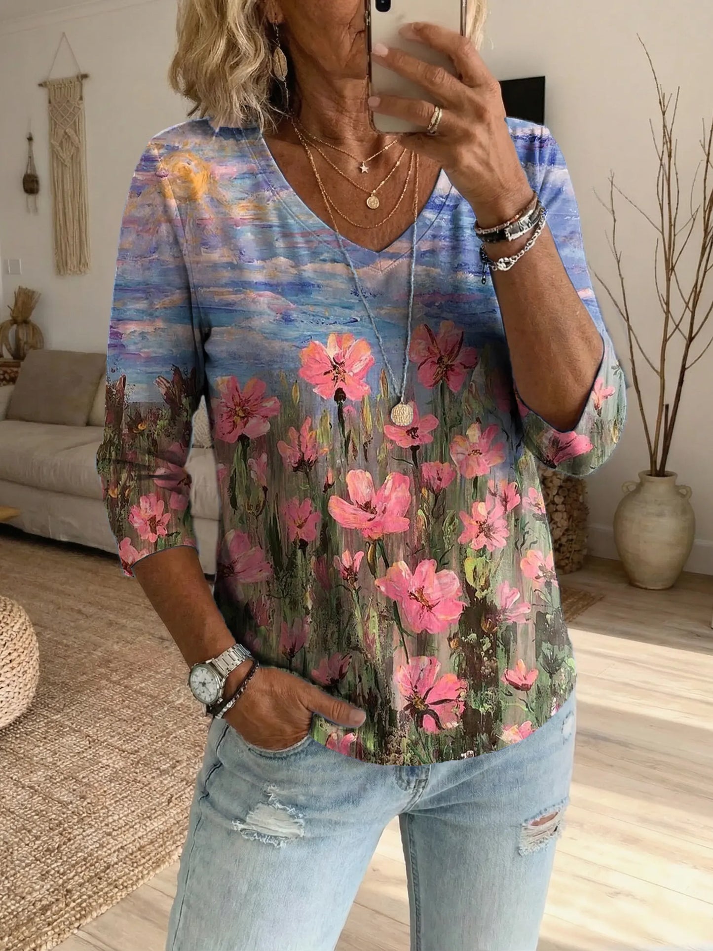 Women's Vintage Oil Painting Floral Art Print Casual T-Shirt