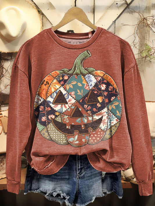 Vintage Halloween Pumpkins Ethnic Patchwork Art Print Sweashirt