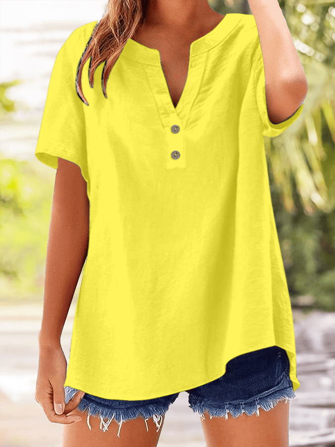 Women's Solid Color Button Design V-Neck Short Sleeve Shirt