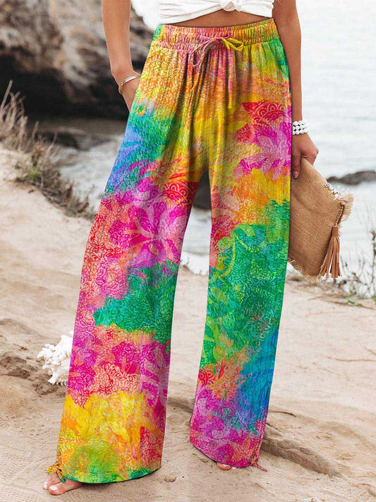 Women's Colorful Flower Printed Cotton And Linen Casual Pants
