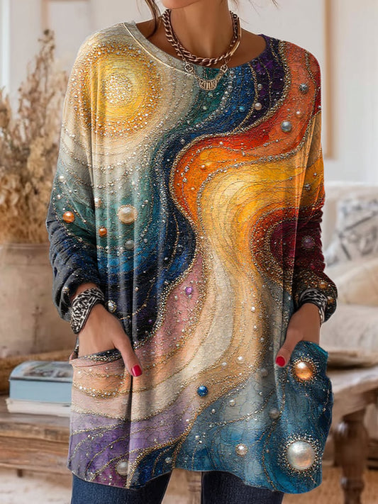 Women's Retro Colorful Art Print Casual Long Sleeve Round Neck Cotton T-Shirt