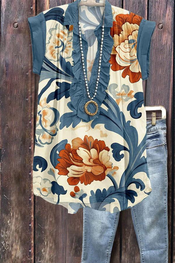 Retro Floral Print Ruffle Neck Blouse