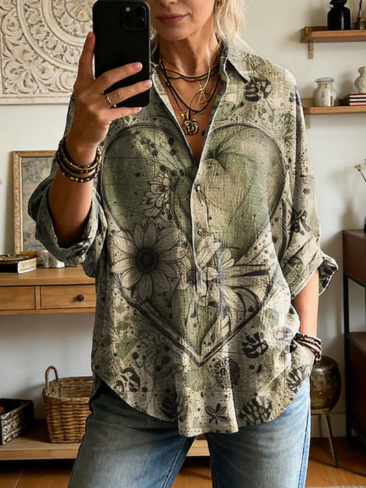 Women's Long-sleeve Casual Shirt With Heart-shaped Daisy Artistic Print