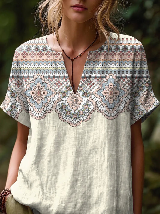 Flowers Geometry Totem Women's Art Print Casual Short-sleeve V-neck Cotton Linen Shirt