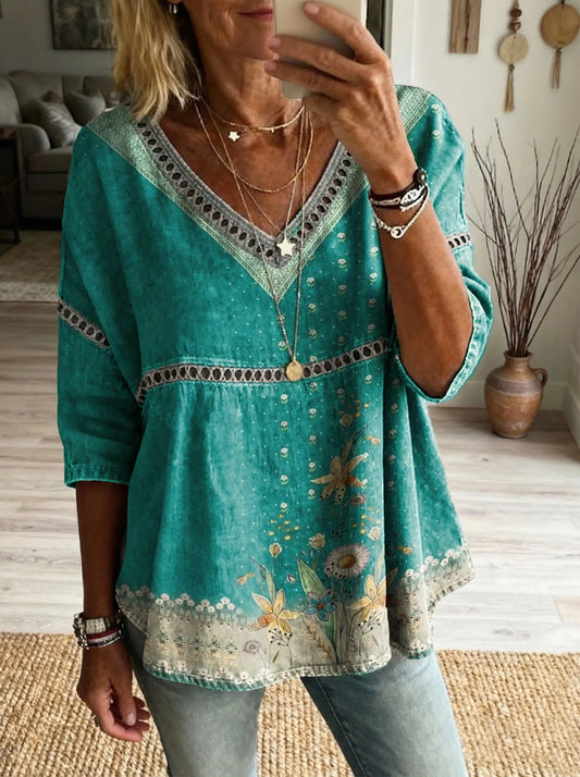 Women's Floral Pattern Art Print Casual V-neck Lace-up Top
