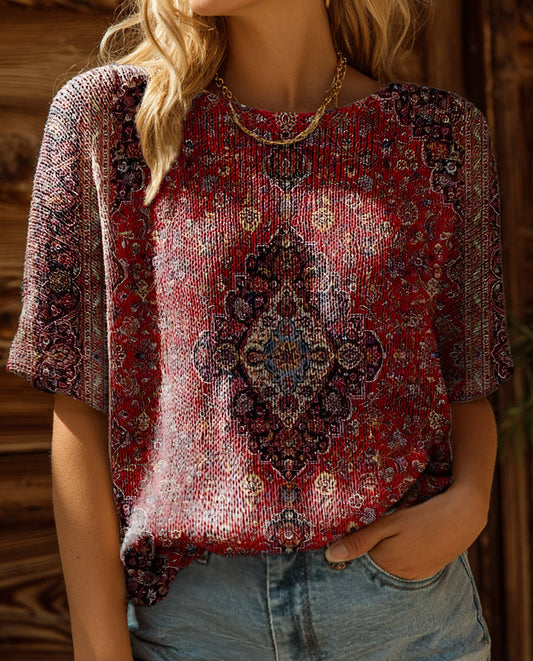 Women's Vintage Ethnic Floral Art Print Casual Crew Neck Short Sleeve Knitted Sweater