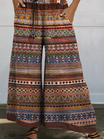 Ethnic Style Geometric Pattern Printed Women's Cotton And Linen Casual Wide-Leg Pants