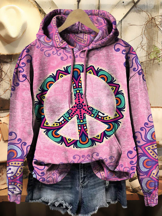 Women's Pinky Hippie Peace Sign Print Casual Hooded Sweatshirt