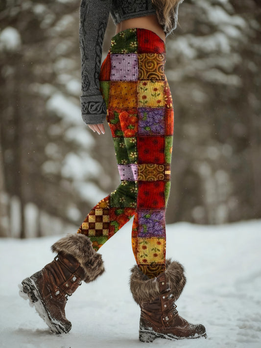 Women's Retro Patchwork Art Print Knit Leggings