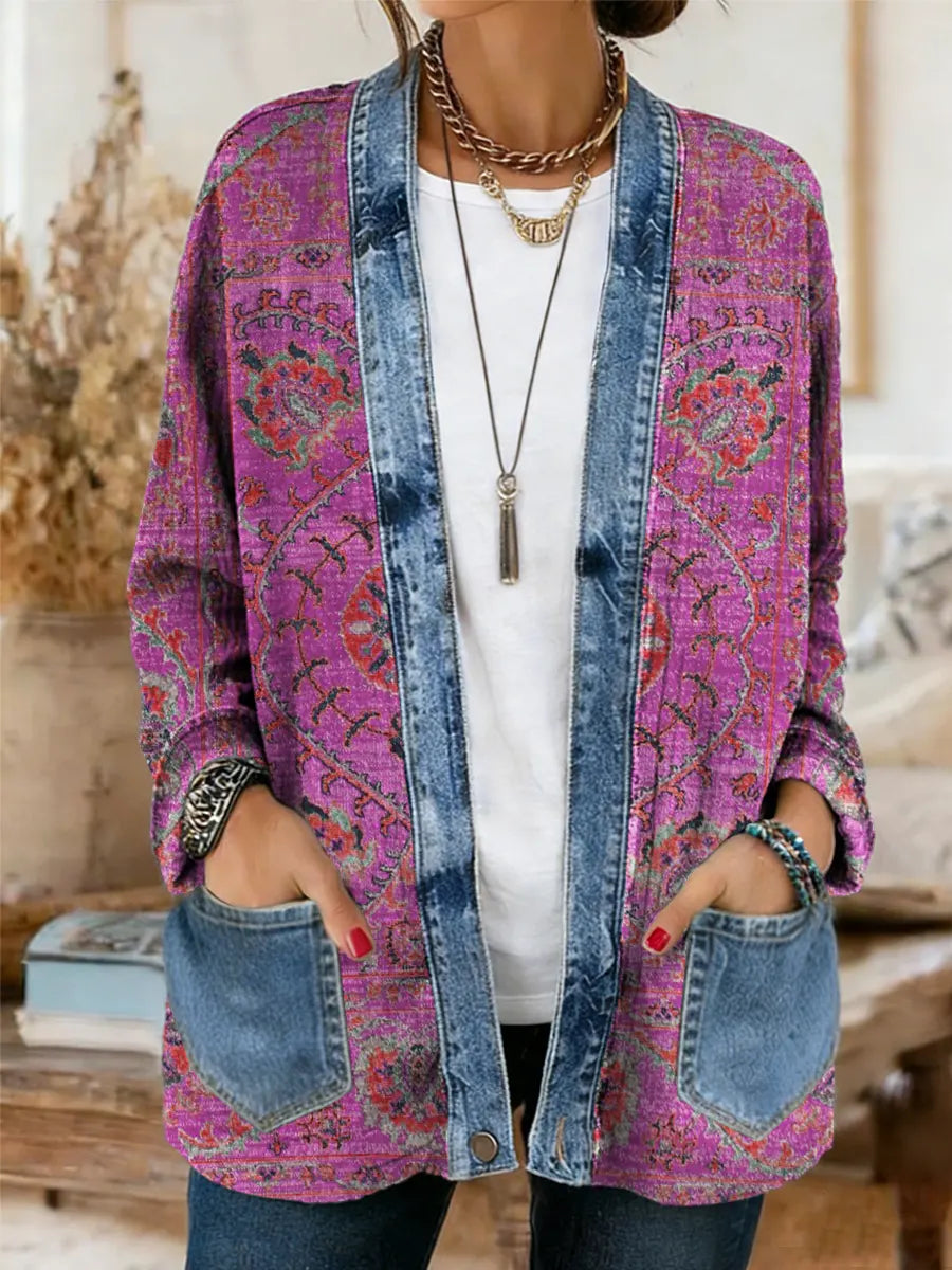 Vintage National Flower Women's Casual Long Sleeve Comfortable Denim Mix Cardigan