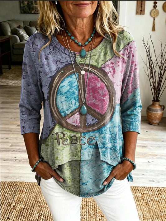 Women's Casual Round-neck T-shirt With Peace Hippie-style Art Print