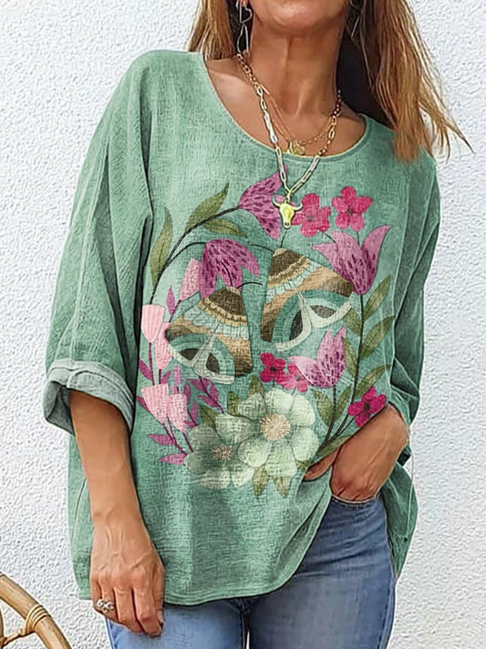 Floral Pattern Art Print Cotton Linen Women's Casual Shirt