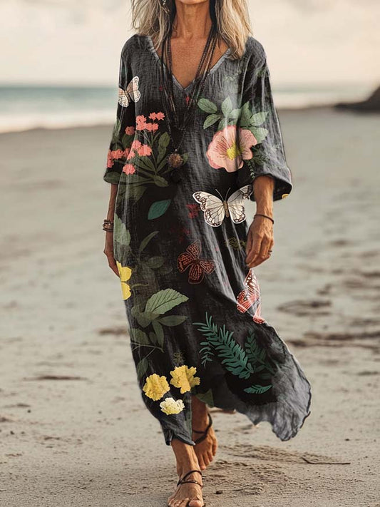 Women's Butterfly Floral Pattern Art Print Pocket Cotton Dress