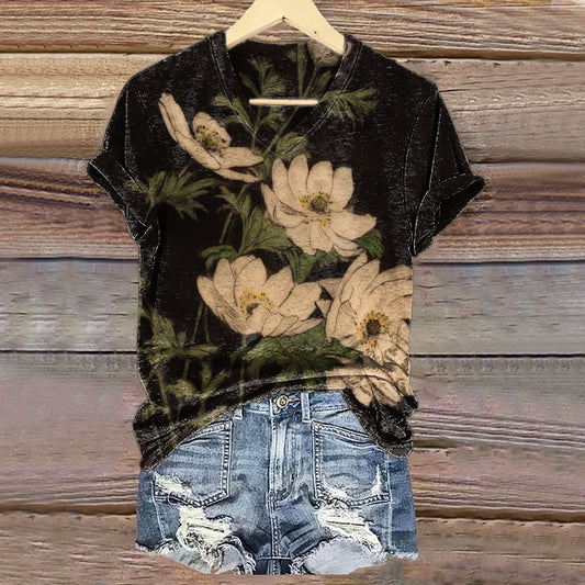Women's Vintage Floral Art Print V-neck Casual T-Shirt