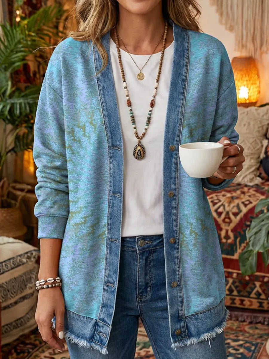 Vintage National Kaleidoscope Women's Art Print Casual Long Sleeve Denim Patchwork Shirt Coat