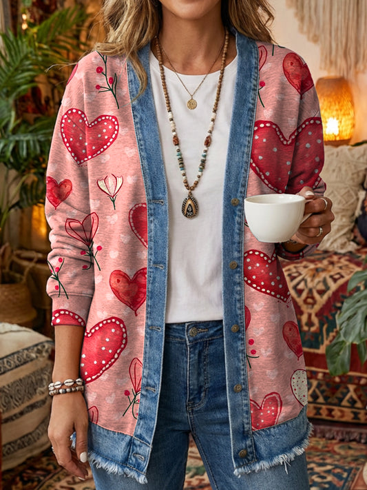 Women's Vintage Cute Pink Floral Heart Pattern Art Printed Casual Cowboy Patchwork Cotton Jacket