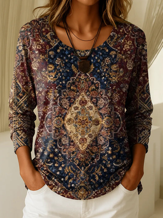 Women&#39;s Retro Bohemian Totem Floral Art Print Casual T-shirt