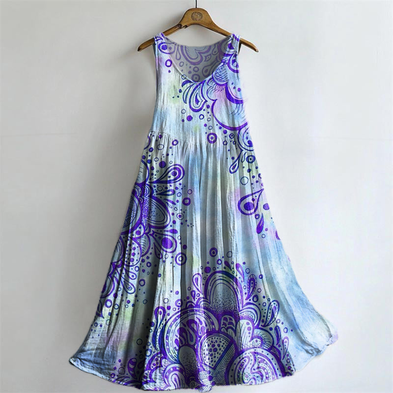 Women's Floral Art Print Round Neck Sleeveless Cotton Pocket Dresses