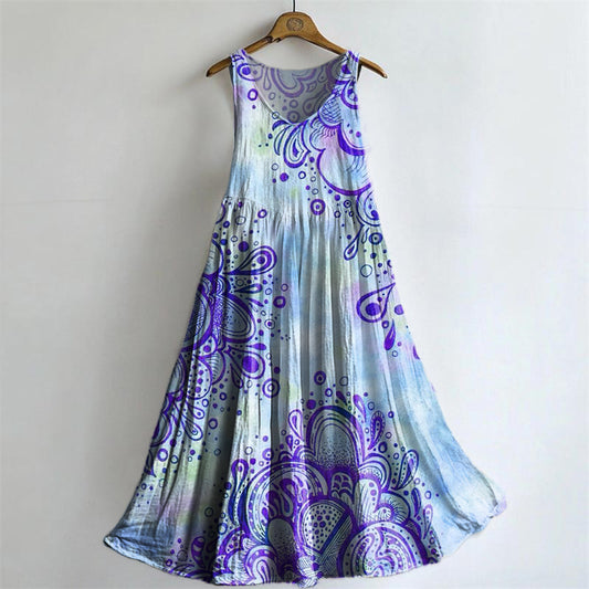 Women's Floral Art Print Round Neck Sleeveless Cotton Pocket Dresses