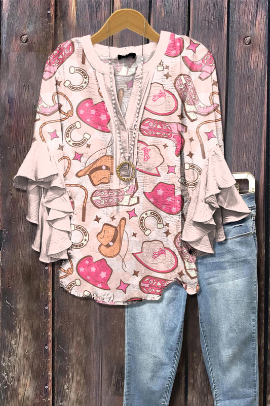 Retro Western Cowgirl Print Ruffle Sleeve Top
