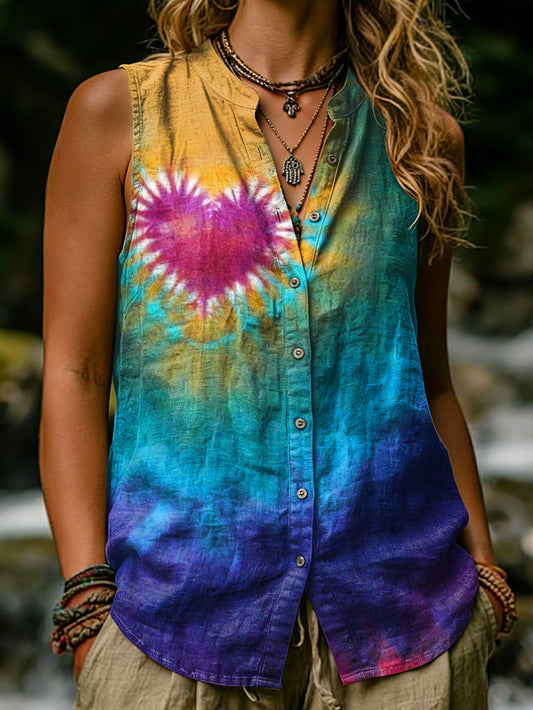 Women's Heart-shaped Pattern Tie-dye Gradient Art Print Casual Sleeveless Shirt Top