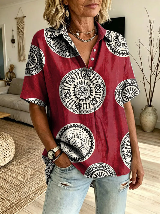 Women's Bohemian Vintage Totem Art Print Short-Sleeve Henley Shirt with Turn-Down Collar
