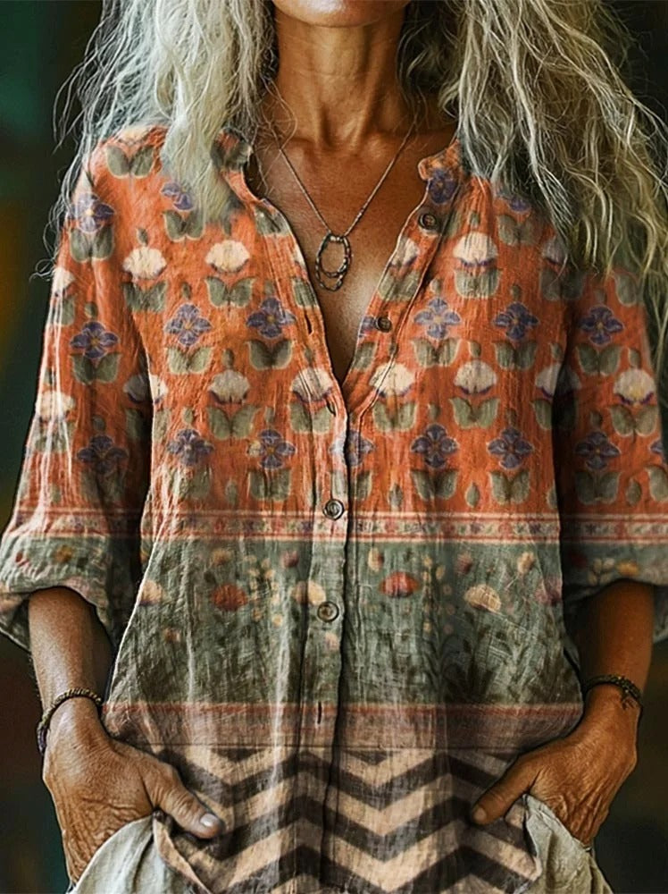 Women's Vintage Ethnic Floral Art Print Linen And Cotton V-neck Casual Shirt