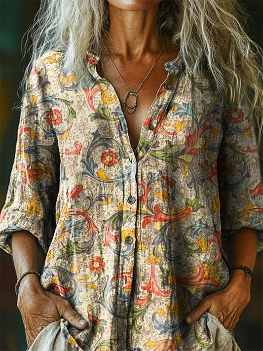Women's Vintage Ethnic Floral Art Print Casual Cotton Linen Shirt
