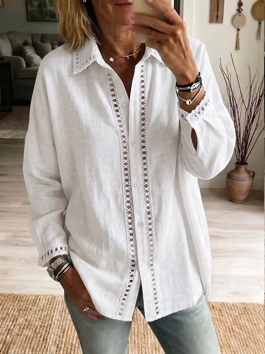 Women's Art Print Casual Long Sleeved Hollow-out Cotton Linen Shirt