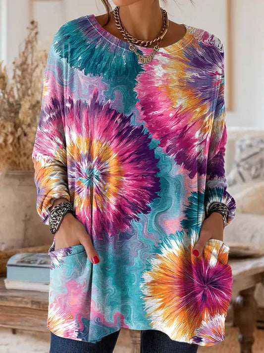 Women's Tie-Dye Pattern Art Print Casual Long-Sleeve T-Shirt