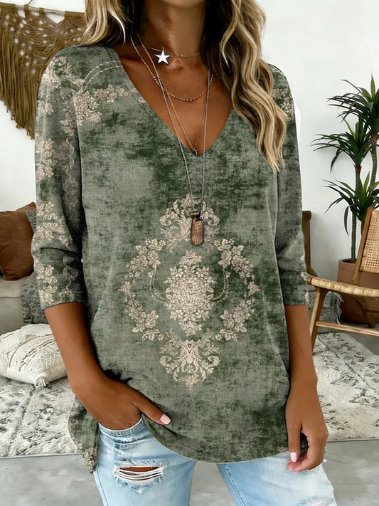 Women's Ethnic Pattern Print V-Neck Comfortable T-Shirt