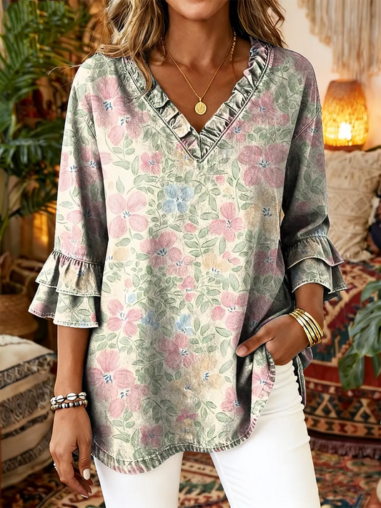 Ethnicity Pink Flowers Women's Art Print Casual V-neck Ruffled Washed Top
