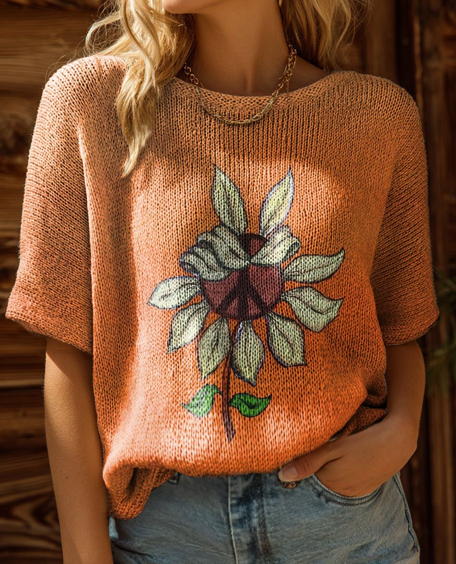 Women's Hippie Floral Art Print Casual Crew Neck Short Sleeve Knitted Sweater