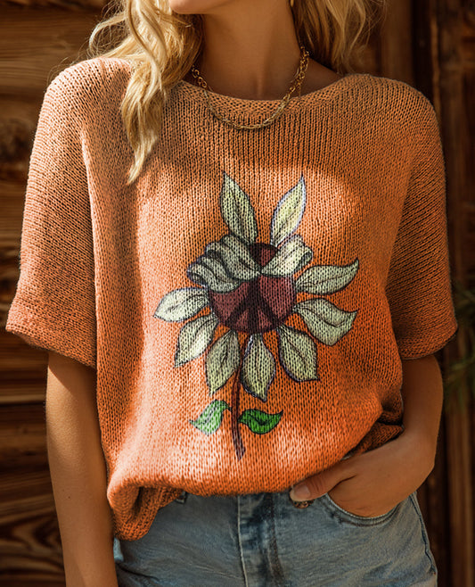 Women's Hippie Floral Art Print Casual Crew Neck Short Sleeve Knitted Sweater