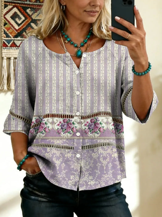 Women's Vintage Floral Art Print Tie-front Button-up Short-sleeve Shirt