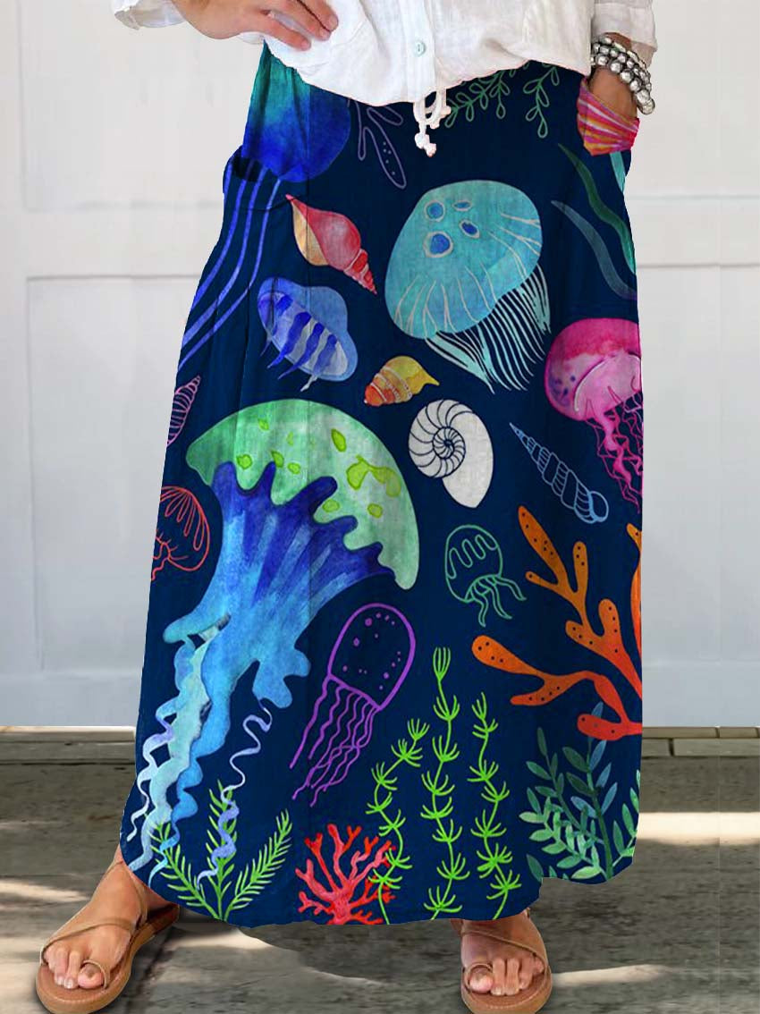 Women's Colorful Jellyfish Print Linen Pocket Skirt